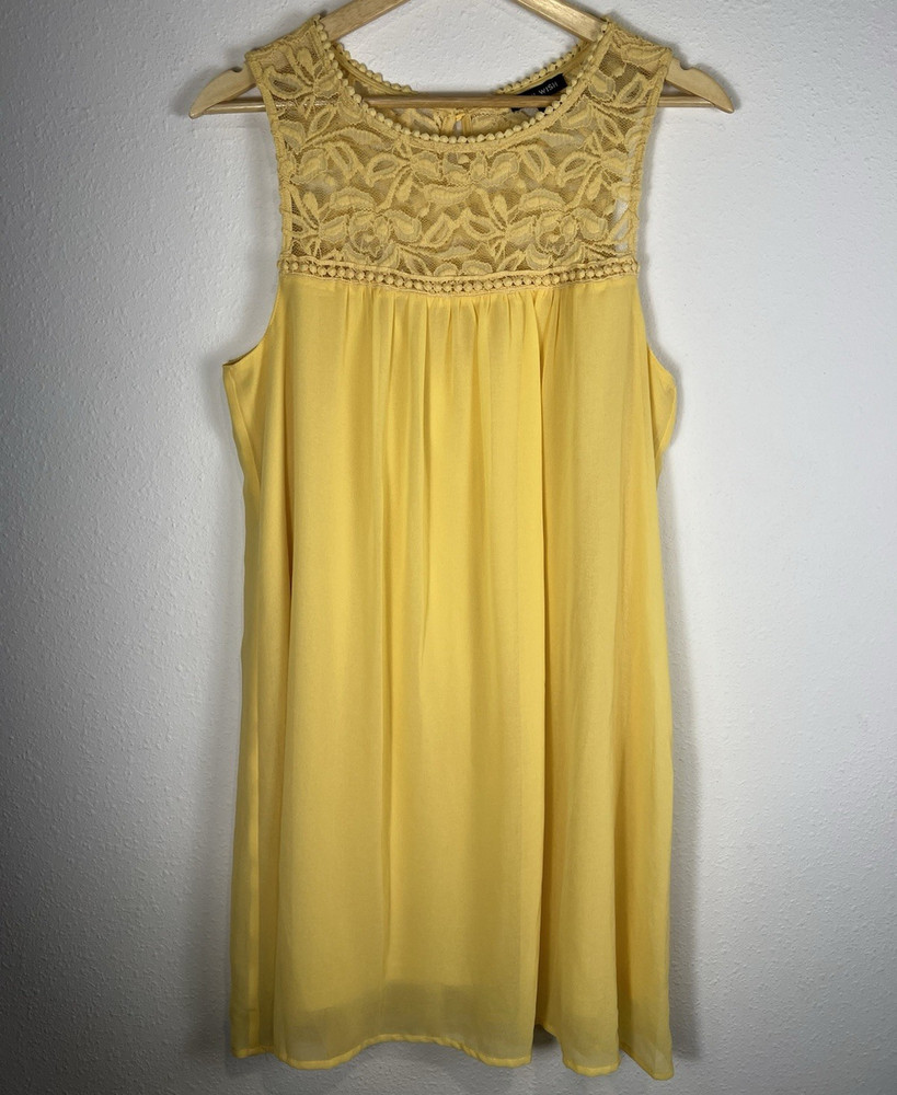 As U Wish Yellow Shift Dress Sleeveless Round Neck Lace Yoke Short Size M