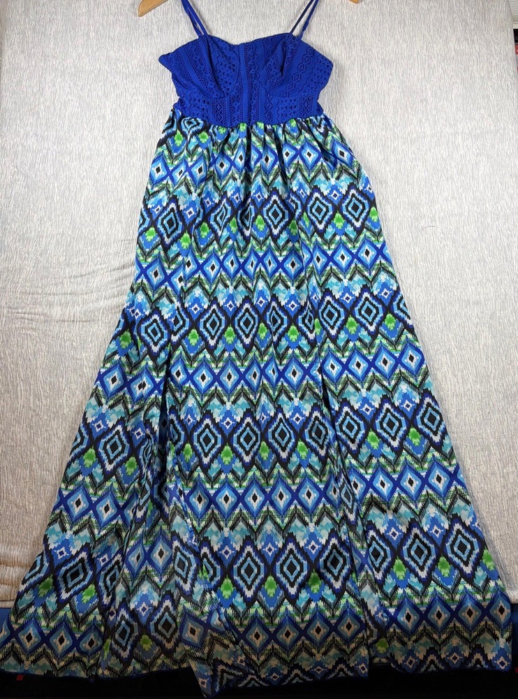 no boundaries Women’s Blue Maxi Dress Geometric Pattern Lace Overlay Bodice L