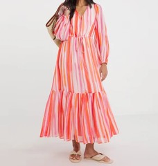 JD WILLIAMS CORAL STRIPE PRINTED CHIFFON MAXI DRESS SIZE 22 (ref R)