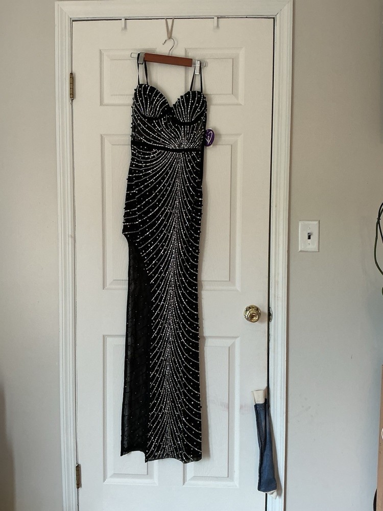 Windsor Black Solid Sweetheart Mesh Rhinestone Beaded Bodycon Long Dress XS