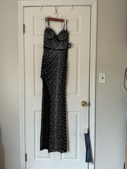 Windsor Black Solid Sweetheart Mesh Rhinestone Beaded Bodycon Long Dress XS