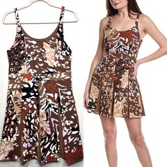 Rachel Roy Fit & Flare Mini Dress Medium Brown Abstract Print Sleeveless Pleated