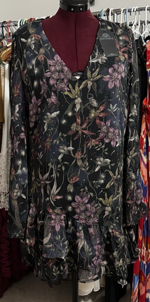 DISTURBIA Goth Boho Orchids V-Neck Long Sleeve Dress Tunic Sz 14 NWT