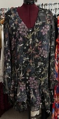 DISTURBIA Goth Boho Orchids V-Neck Long Sleeve Dress Tunic Sz 14 NWT