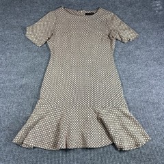 Ivanka Trump Dress Women&rsquo;s M Tan Black Geometric Pattern Fit & Flare Ruffle Hem