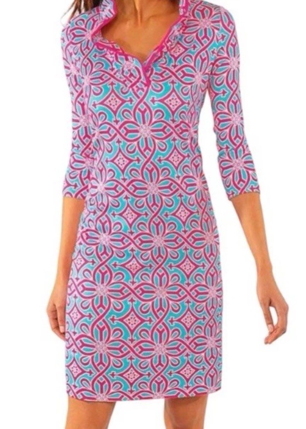 Gretchen Scott Ruffneck Turquoise Pink 3/4 Sleeve Tropical Resort Dress Sz L