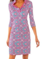 Gretchen Scott Ruffneck Turquoise Pink 3/4 Sleeve Tropical Resort Dress Sz L