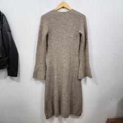Commense Stacking V-Neck Split Breasted Knit Sweater Dress Beige Bell Sleeve SML