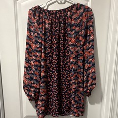 Lila Rose Navy boho Orange Floral Button Knee Length Dress 1X Balloon Sleeve