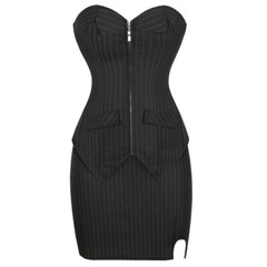 Women Satin Overbust Sexy Striped Corset Set with Mini Skirt Bustier Bodyshaper