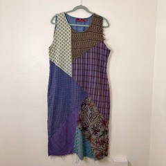 Vtg 90s Sacred Threads Patchwork Midi Dress M Lagenlook Cotton Boho Embroidered