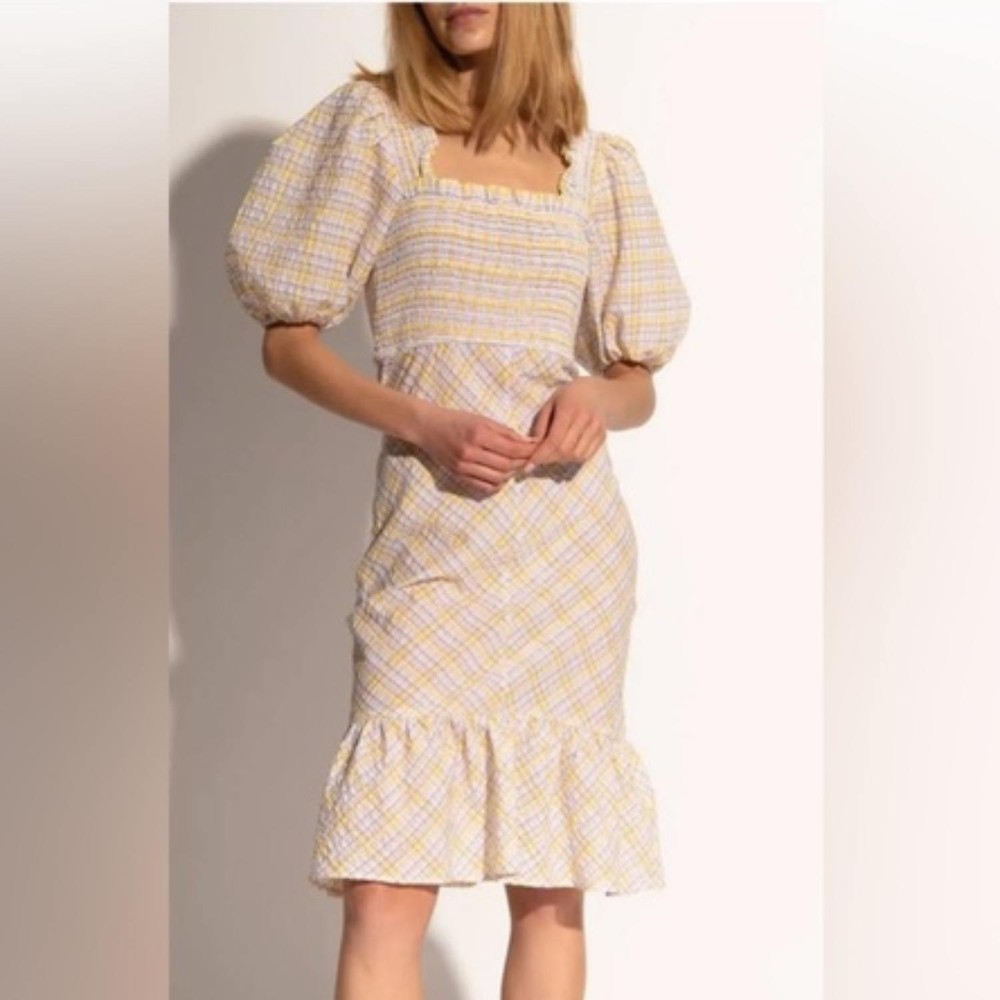 Ganni checked seersucker puff sleeve smocked midi ruffle dress organic cotton 4