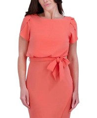 Kensie Women&rsquo;s Cinched Tulip-Sleeve Tie-Waist Sheath Dress Coral Pink 16
