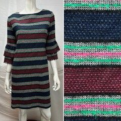 Sara Campbell Women’s M Blue Red Pink Green Knit Pom Pom Sleeves Striped Dress