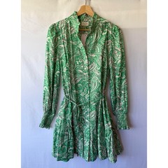 Fate Green Paisley Ruffle Neck Button Front Tiered Mini Dress Small NEW