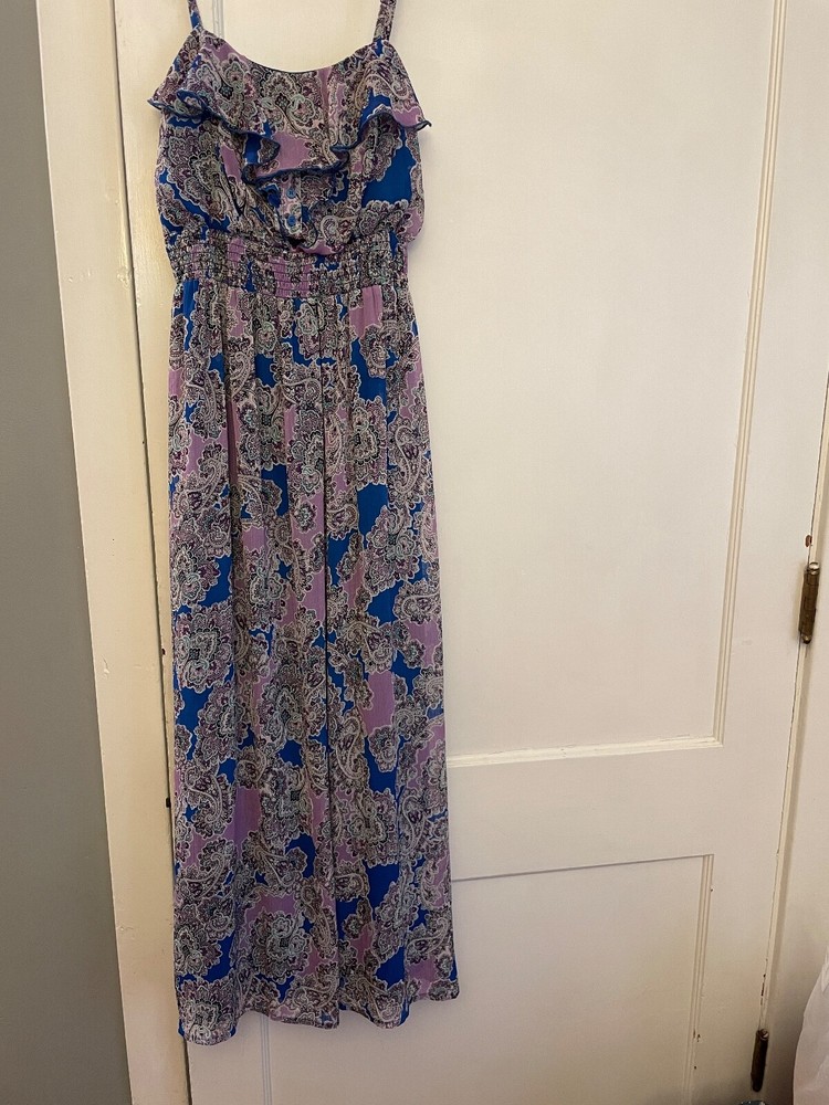 Preowned Faded Glory Med.(8-10)Maxi Spaghetti Dress Blue Pink And Grey Sheer