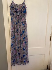 Preowned Faded Glory Med.(8-10)Maxi Spaghetti Dress Blue Pink And Grey Sheer