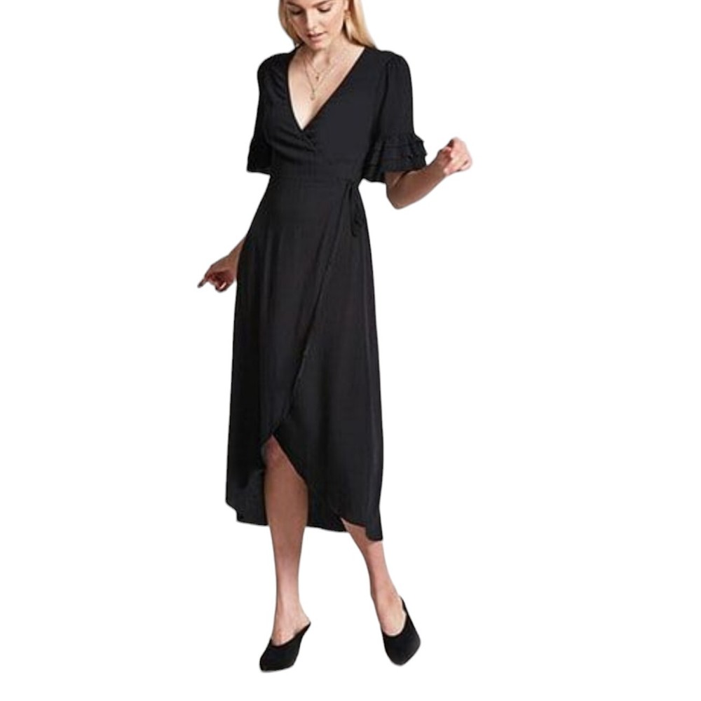 Forever 21 Contemporary Wrap Maxi Dres Size Small V-Neck Ruffle Sleeve High Low.
