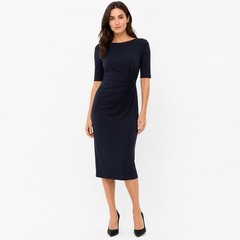 Banana Republic Navy Side Ruched Stretch Midi Dress Size L Elbow Sleeve