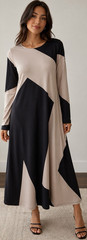 Colorblock Maxi Dress Black Beige Long Sleeve Round Neck Fall Winter