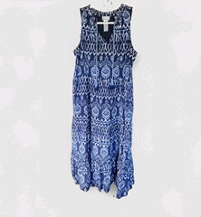 Tommy Bahama Navy Ikat Midi Tiered Dress L Cotton Resort Vacation with Pockets