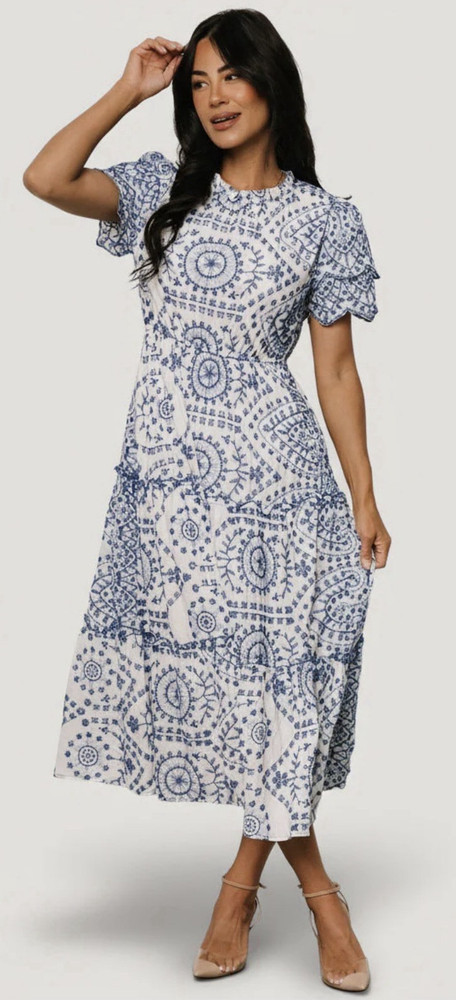 Hayden Blue White Floral Smocked Puff Sleeve Button Front Midi Dress S