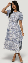 Hayden Blue White Floral Smocked Puff Sleeve Button Front Midi Dress S