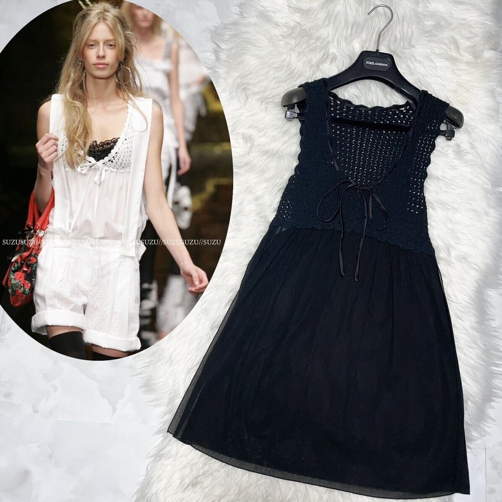 Authentic Dolce & Gabbana Ribbon Cloche Lace See-through Tunic Mini Dress 40