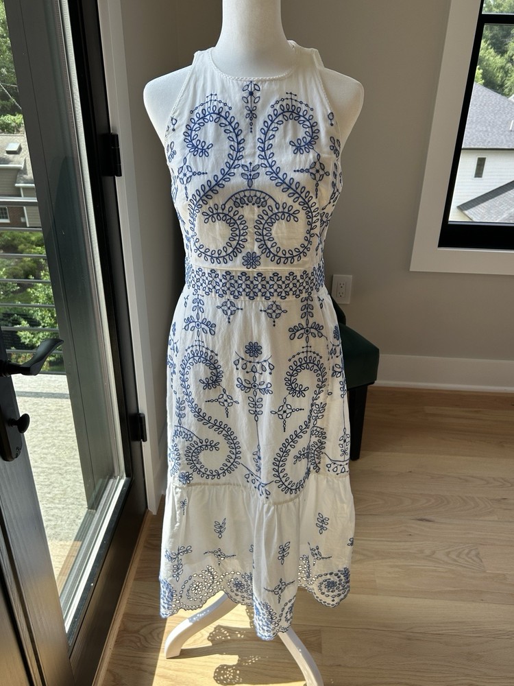 Tory Burch Mariana blue white embroidered maxi dress size 2 stains DEAL size XS