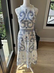 Tory Burch Mariana blue white embroidered maxi dress size 2 stains DEAL size XS