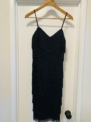 Black Fringed « Flapper » Roaring 20&rsquo;s Style Party Cocktail Dress Sz5/6 USA