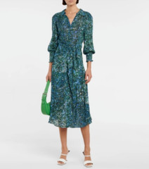 VERONICA BEARD Marble Print Smocked Tie Waist Button-Up Collared Shirt-Dress 6 S