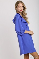 Umgee Orchid Blue Solid Balloon Long Sleeve Dress with Ruffle Details