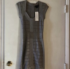 French Connection Gray Solid Bandage Bodycon V-Neck Knee Dress, Size xs