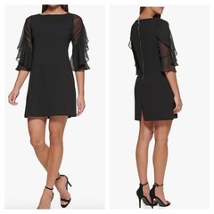 Tommy Hilfiger Solid Black 3/4 Ruffle Sleeve Sheath Dress Women’s Size 6 NEW