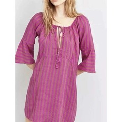 Free People Folk Town Boho Dress Size M Magenta Stripe Bell Sleeve Tassel Linen