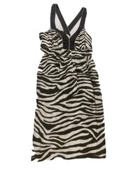 Banana Republic Dress Womens 10 P Petite Olive Beige Zebra Striped Organic Linen