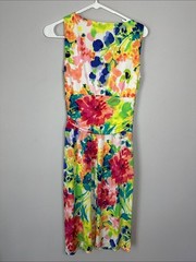 Chaps Bright Floral Faux Wrap-Style Midi Dress in Red, Green, Blue & Yellow M