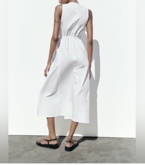 Zara Women Midi Dress White Front Full Zipper Sleeveless Side Pockets SizeL NWT