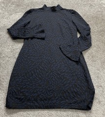 Hutch Shift Dress Womens Large Blue Floral Mock Neck Long Bell Sleeve Textured
