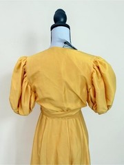NWT Azeeza Florence Raw Silk Wrap Midi Dress Honey Yellow Puff Sleeve Sz XS