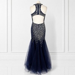 Luxury Navy Beaded Mermaid Evening Dress Prom Gala Formal Maxi UK 10 12