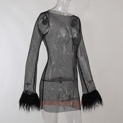 Women See Through Mesh Mini Dress Shiny Fur Fringed Full Sleeve Club Wear