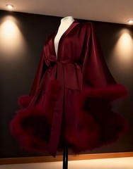 🎀Burgundy Satin Robe with Feather Trim Wide Sleeve Short Kimono Loungewear