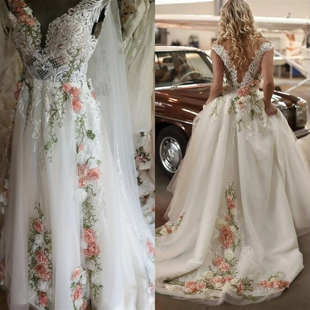 3D Flowers Wedding Dress Off Shoulder A-Line Appliques Lace Ribbons Bridal Gowns