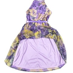 Candalite Floral Halter Midi Dress Purple Yellow Chiffon Satin Sash Size L