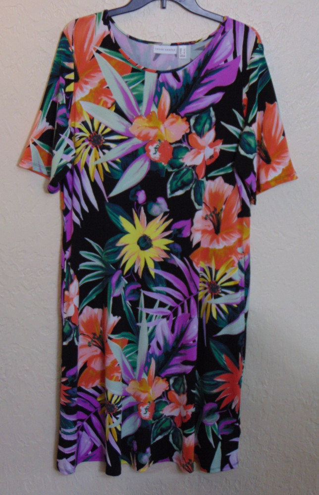 Susan Graver Printed Liquid Knit Elbow Sleeve Dress w Pockets L Tropical Floral