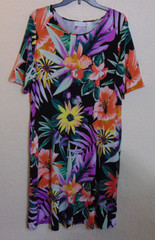 Susan Graver Printed Liquid Knit Elbow Sleeve Dress w Pockets L Tropical Floral