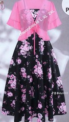 Women&rsquo;s Pink Floral Sheer Overlay A-Line Midi Dress V-Neck Tie Front M-2XL