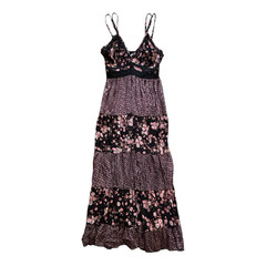 Angie Floral Print Maxi Dress Black Pink Lace Trim V-Neck Adjustable Straps M